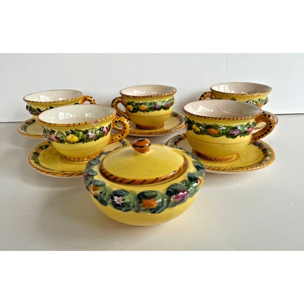 Vtg BITOSSI Italy Della Robbia Coffee Set Cups Saucers Sugar Hand Painted Yellow